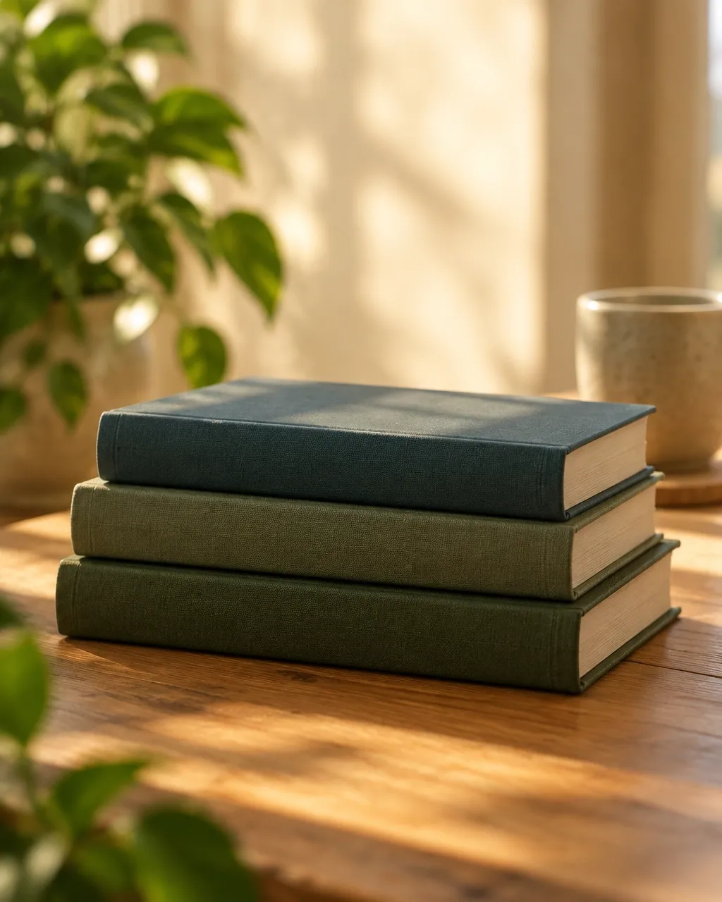 A stack of calming books in a warm, sunlit room