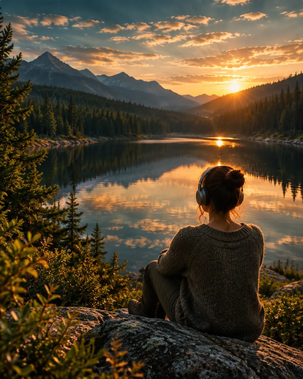 A listener resting by a quiet mountain lake