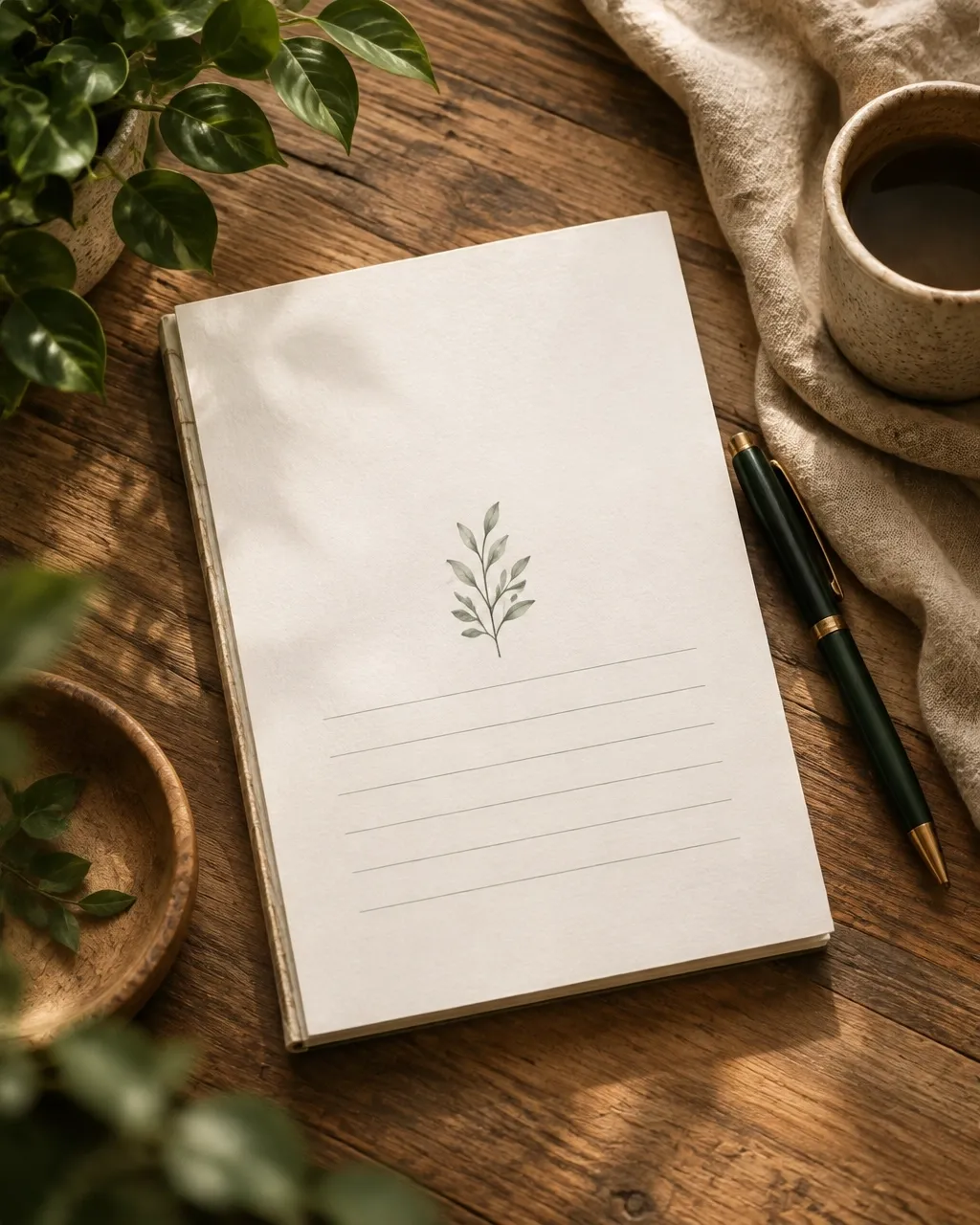 A journal and pen arranged on a peaceful desk